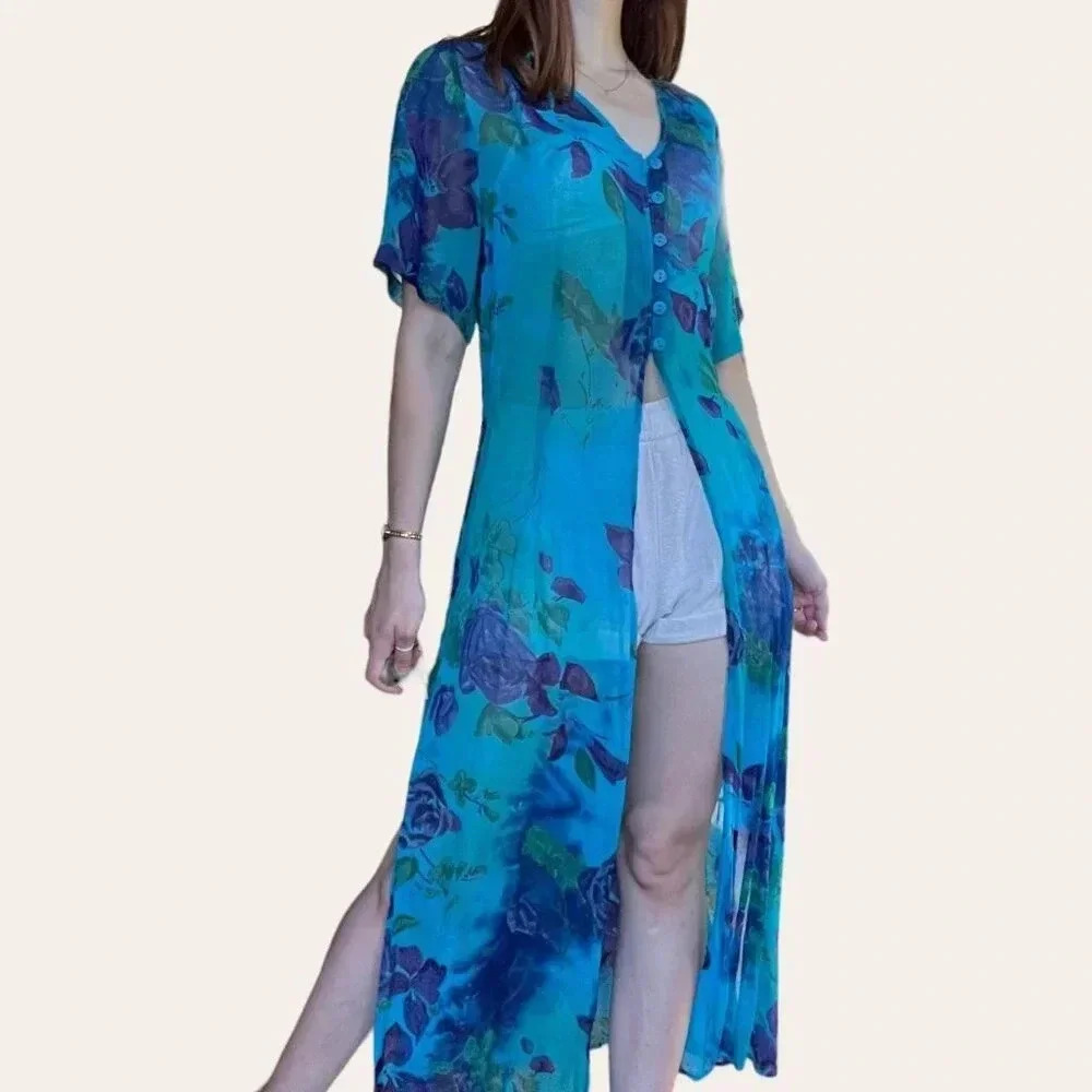 Vintage 90s/y2k Phool sheer duster mesh overdress/swim coverup caftan Medium